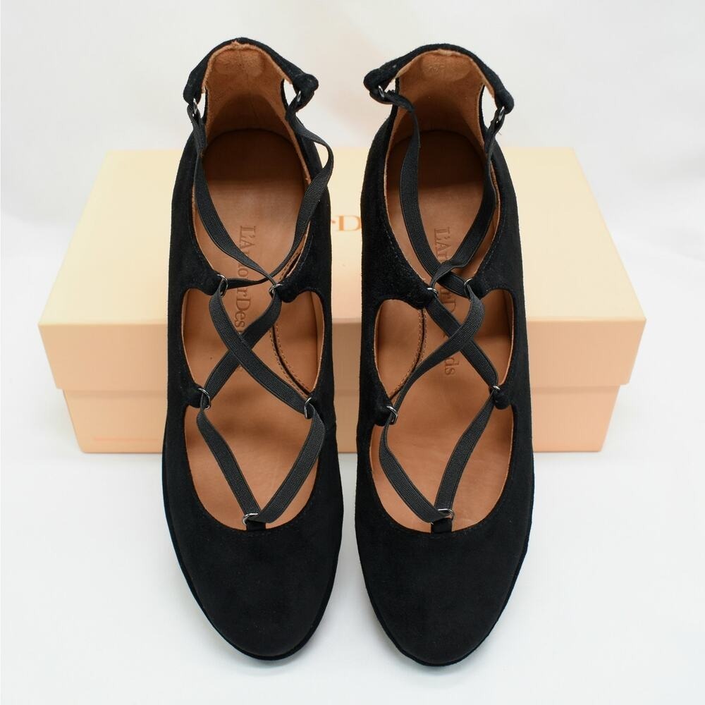 L'Amour Des Pieds Black Suede Leather Wedge Heel Shoes Womens Size 8 Dress New - Picture 2 of 16
